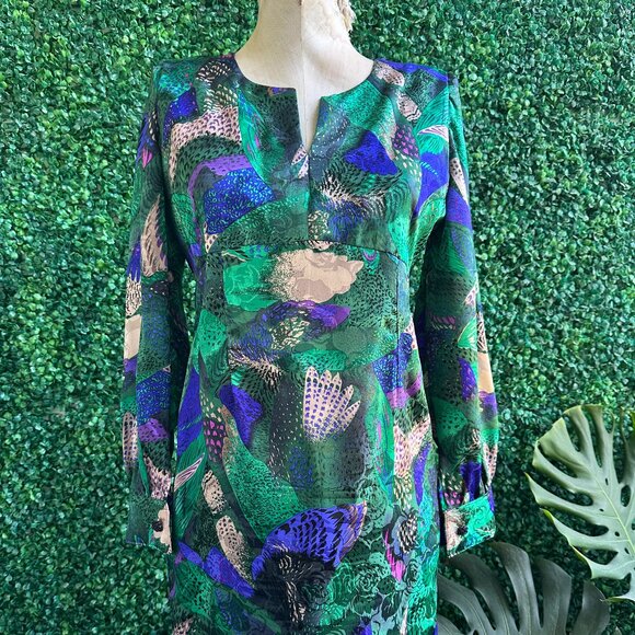 ALONSO Green Floral Abstract Dress Vintage Long Sleeve Size L New without Tag ma - Picture 1 of 7